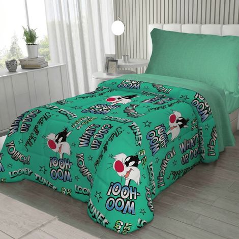 Couvre-lit simple pour enfants 170x250 Sylvester Cat vert Looney Tunes – Courtepointe légère 80 g/m², fabriqué en Italie (1/5)