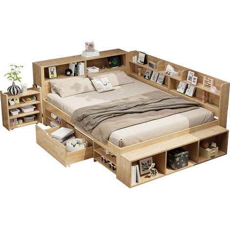 CHICFURN Letto contenitore 140x200 cm in compensato naturale per bambini, salvaspazio (1/5)