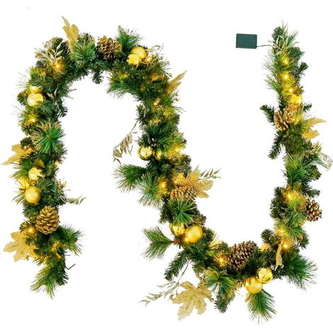 COSTWAY Guirlande de Noël Artificielle Pré-illuminée de 270 cm avec 50 Lumières LED Blanc Chaud, Décoration de Noël à Piles avec Pommes de Pin Baies Boules Fleurs pour Cheminées Escaliers (1/5)