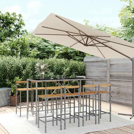 Ensemble de bar de jardin 9 pièces en résine tressée gris, table 180 x 70 x 110 cm - PANGIVO (1/5)