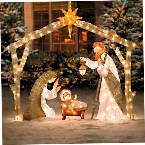 Scene De La Nativité Extérieure - Arche Illuminée Avec Figurines Sainte Famille - Décoration De Noël Pour Pelouse Et Jardin - Lot De 1