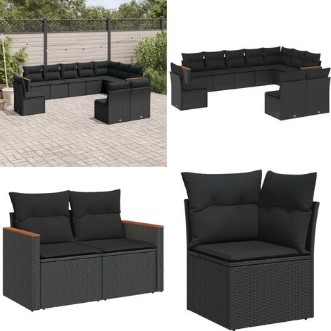 Salon de jardin 10 pcs avec coussins noir résine tressée - Ensemble Salon De Jardin - Mobilier Extérieur - Meubles De Jardin - Salon De Jardin Pliable - Chaise Longue - Home & Living (1/5)