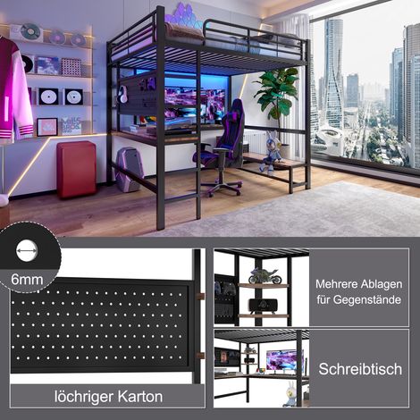 Lit mezzanine 140x200 cm fer noir,bureau,rampe,étagères,USB+Type-C,LED,panneau perforé,industriel,sans matelas