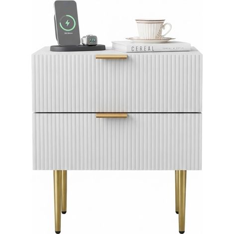 ELVMI Mesita de Noche con 2 Cajones, Diseño Acanalado y Patas de Metal, para Dormitorio, MDF y Tablero de Partículas, Blanca (1/5)
