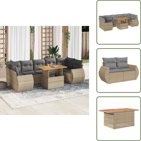 The Living Store 8-tlg. Garten-Sofagarnitur mit Kissen Beige Poly Rattan - Gartentisch