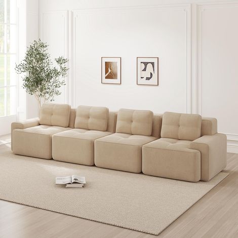 Canapé de salon sans cadre, canapé modulable, canapé nuage quatre places confortable en velours côtelé épais, aucun assemblage requis, design antidérapant, beige. (1/5)