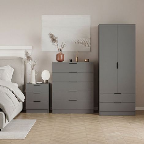 Trega Bedroom Furniture Set 3pc – 3 Drawer Bedside, 5 Drawer Chest & 2 Door Wardrobe, Grey