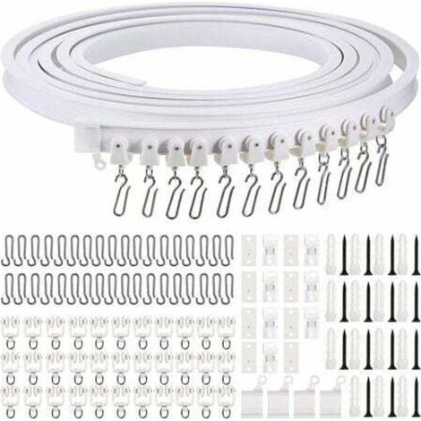 Rail de rideau souple incurvé 5 m - crochets en métal - supports de plafond amovibles - pour rideaux lourds et angles variés (1/5)