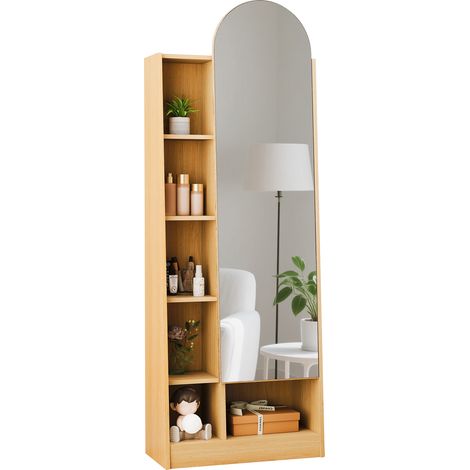 Armoire à chaussures, porte miroir, armoire d’entrée, miroir en pied avec rangement, armoire haute, meuble de salle de bain avec étagères réglables, aspect bois naturel, H165/B60T28 cm