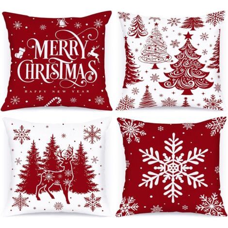 BUNTHAUS Lot de 4 Housses de Coussin de Noël, Rouge Housse d'oreiller 45 x 45cm, Taie d'oreiller Décorative Arbre de Noël, Noel Deco en Hiver pour Salon Chambres Canapé, Décoration intérieure (1/5)
