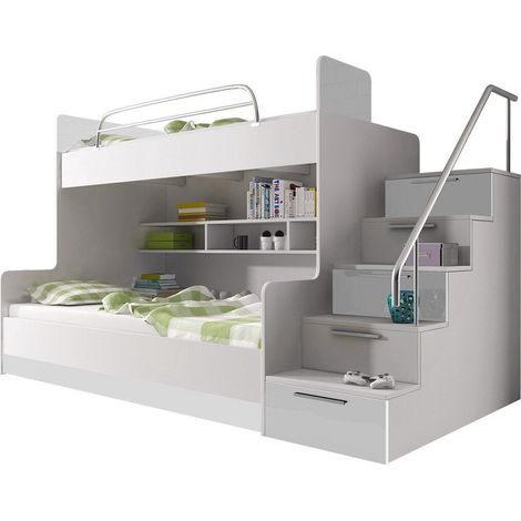 Litera Campus, Blanco + Blanco brillante, De dos pisos, 90x200, Aglomerado laminado, MDF, 120x254x166cm