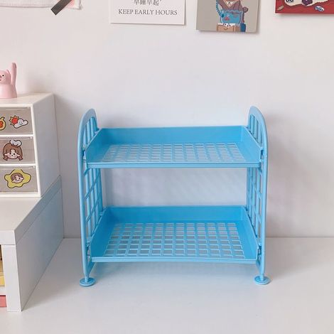 Étagère 2 étages pour bureau avec barrière latérale, design modulable en ABS, double rangement pour cosmétiques, bureau et cuisine, couleur bleue