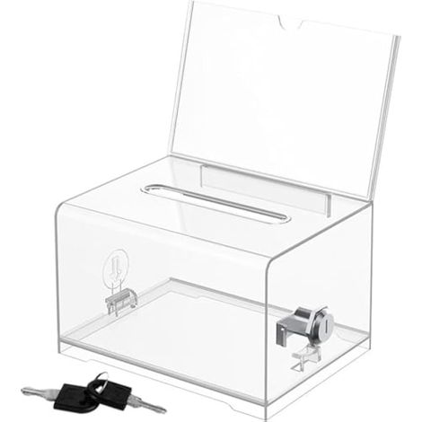 Boîte de dons en acrylique verrouillable - Urne de vote transparente avec serrure à clé - Pour cartes de visite, votes, jeux au sort, avec autocollants (1/4)