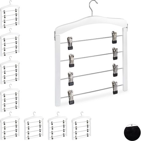 Pack 9 Perchas Múltiples con Pinzas para Faldas o Pantalones, Madera-Metal-Goma, Blanco