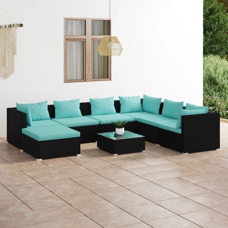 Salon de jardin 8 pcs Ensemble Table et Chaise de Jardin - avec coussins Résine tressée Noir BV613138 - BonneVie (1/5)