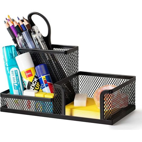 Organisateur de bureau en maille fournitures de bureau avec porte-crayons et paniers de rangement, 3 compartiments, noir (1/4)