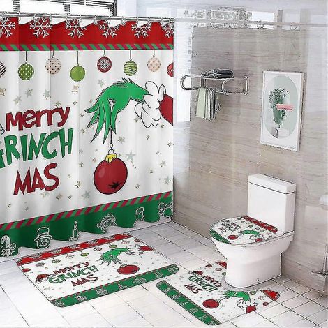 Ensemble de 4 rideaux de douche à motif Grinch, opaques et faciles à installer, pour salle de bain. (1/2)