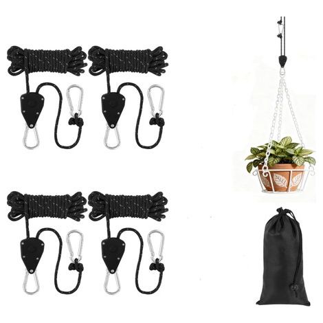 cuerdas con sonajero y gancho，Cuerda ajustable de 4 m，camping y lámparas de jardín (negra)，negra，4 mm，4 m (1/5)