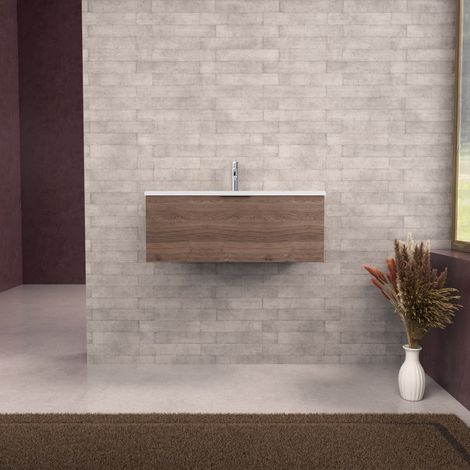 Inda - Badezimmerschrank B.80 mit mattiertem Waschbecken / Braune Eiche 1 Schublade - Topazio