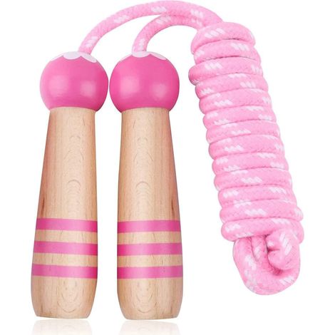 Corde à sauter rose pour enfants avec poignée en bois décorée de motifs cartoon, corde ajustable 2,6m pour garçons et filles, sport, cadeau Noël anniversaire (1/5)