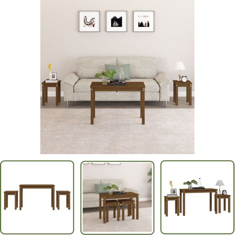 The Living Store Tables gigognes 3 pcs Marron miel Bois de pin massif - Table Basse - Meuble Petit Appartement - Table D'appoint - Ensemble De Tables - Table Gigogne (1/5)