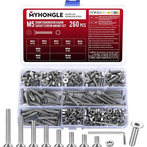 260 Pièces M5 Vis Boulon et Ecrou Set, Boulon Vis à Tête Fraisée Hexagonale, Boulons Vis à Tête Cylindrique à Six Pans, Vis à Tête Plate en Acier Inoxydable, Boulons et écrous Kit (1/5)