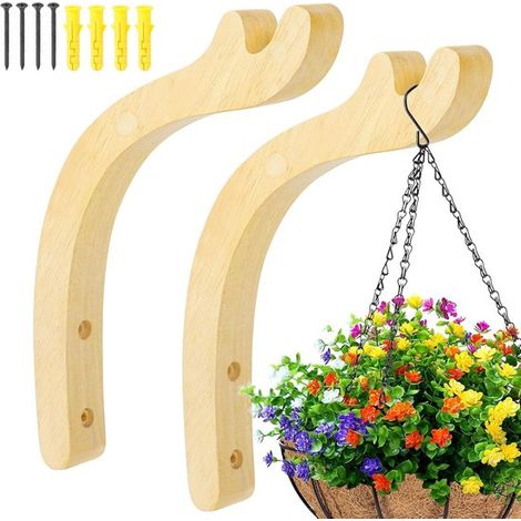 Lot de 2 supports muraux en bois pour plantes suspendues, crochets pour pots, paniers, lanternes, carillons et décorations de jardin, 25 cm, couleur bois naturel (1/5)