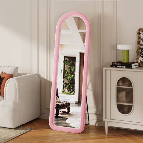 Miroir sur pied arqué 160x50 cm - Miroir corps entier style romantique avec cadre flanelle - Rose (1/5)