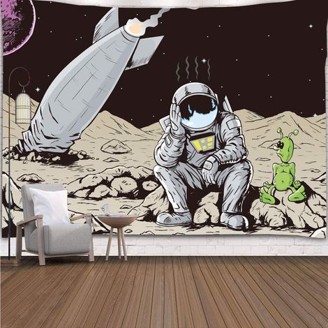 200 x 150 cm großer Wandteppich mit psychedelischem Astronautenmotiv, Rakete auf fremdem Planeten abgestürzt – ideal für Schlafzimmer, Wohnzimmer und als Dekoration. (1/5)