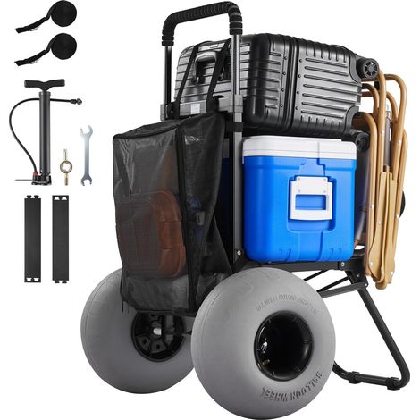 Diable de Plage Tout-terrain, Chariot de Transport Pliable Charge Maximale 75 kg, pour Camping Pêche Jardin Extérieur, Plateau de Chargement 46x37,5 cm, Grandes Roues Ballons, Hauteur Réglable (1/5)