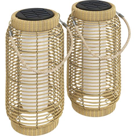 Lot de 2 lampadaires extérieurs solaires LED résine tressée acier, marche/arrêt automatique sable