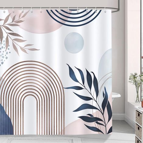 Tenda da doccia astratta con motivo a foglie bohémien rosa e blu, tenda da bagno moderna in poliestere, antimuffa, impermeabile e lavabile, 180 x 180 cm (1/4)