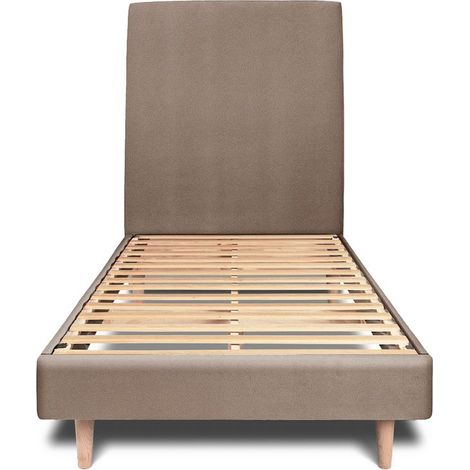 Lit 90x190cm avec tête de lit tapissier velours et sommier kit taupe - Hauteur totale : 29cm (1/5)