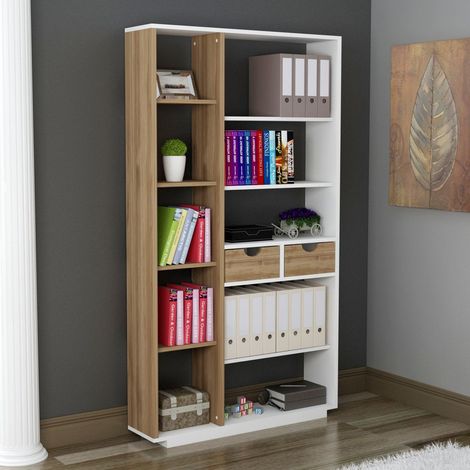 Bücherregal Imer, 8 Fächer, 2 Schubladen, Freistehend, 80x25x189h cm Weiß Eiche (1/5)