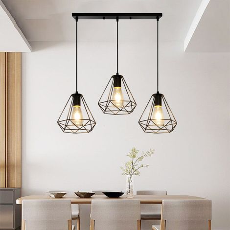 – Lustre cage diamant en métal noir – 3 flammes – Abat-jour 20x20cm – Douille E27 – Longueur câble 100cm réglable (1/5)