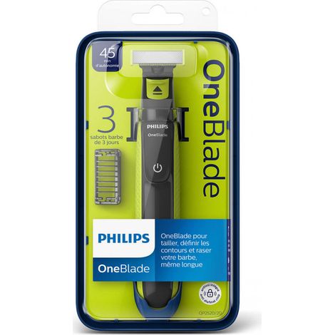 Tondeuse à barbe Philips OneBlade QP2520/20, batterie 3,5 mm, utilisable sur peau sèche ou humide, charbon actif, citron vert (1/3)