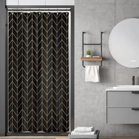 Rideau De Douche - Polyester Imperméable - Motif Chevron Herringbone - Or Noir - 91,4 x 183 cm - 1 Pièce Avec 7 Crochets (1/5)