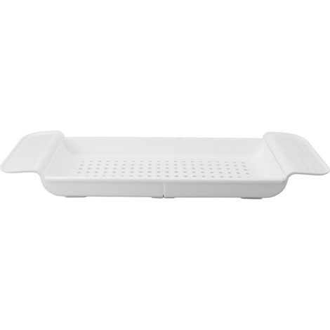 Tablette de bain extensible en plastique blanc, porte-serviette et livre, rangement ajustable au-dessus de la baignoire (1/5)