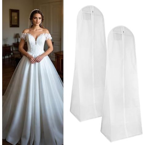 2 Pièces Housse Robe de Mariée,180x60cm Housse Robe Longue,Sac de Vêtements avec Fermeture éclair, Adapté aux Robes de Mariée, Robes, Manteaux, Manteaux longs, etc (1/5)