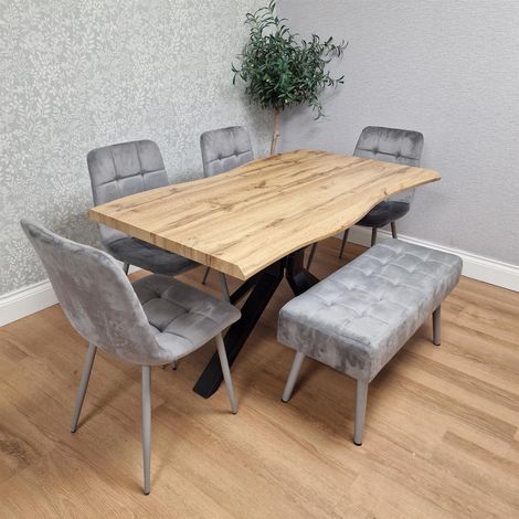 Dining Table Set with 4 Grey Velvet Chairs and 1 Grey Bench Dining Room Furniture