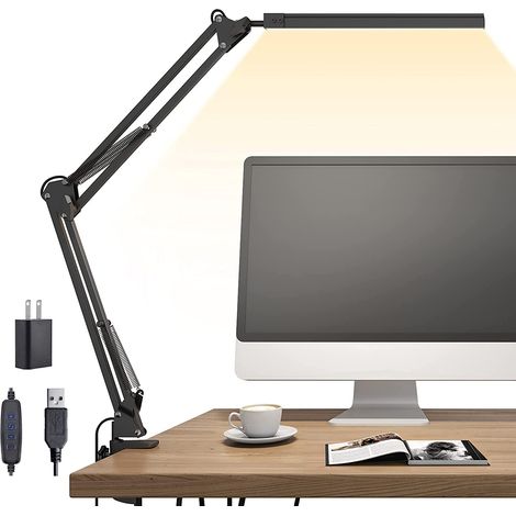 Lampe De Bureau - Bras Articulé - 3 Températures De Couleur 3200K-6500K - 10 Niveaux De Luminosité - Pince Métallique Jusqu'à 5 Cm - Alimentation USB - Noir - 1 Pièce (1/5)