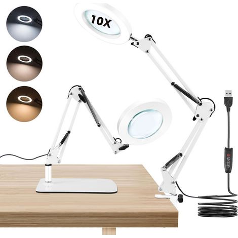 Lampe loupe de bureau grossissante x10, équipée de 72 LED, 3 couleurs, 10 niveaux de luminosité réglables, avec socle et support. Idéale pour la lecture, les travaux manuels, la couture, etc. [Classe (1/5)