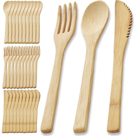 Ensemble de couverts en bambou 30 pièces - 10 cuillères et 10 fourchettes - réutilisables, durables, en bois détachable.