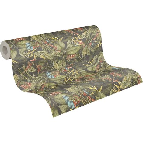 Papier peint nature floral vert, bleu, et orange Tapisserie style tropical jungle pour chambre Papier peint plantes idéal salon (1/5)