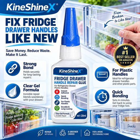 KineShineX Kunststoff-Reparaturkleber für Kühlschrankschubladengriffe, transparent, rückstandsfrei, schnelltrocknend. (1/4)