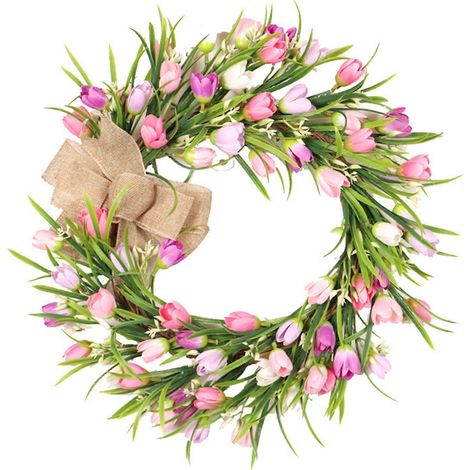 Künstlicher Tulpenkranz (40 cm Durchmesser) für die Haustür, Frühlings-Seidenblumenkranz mit Blättern und Schleife für Zuhause, Wanddekoration, Hochzeit
