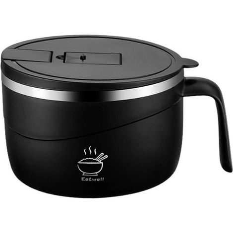 Grand bol à ramen de 1200 ml avec couvercle - Tasse de cuisson de nouilles instantanées en acier inoxydable pour dortoir, cuisine, étudiants et enfants (noir) (1/5)