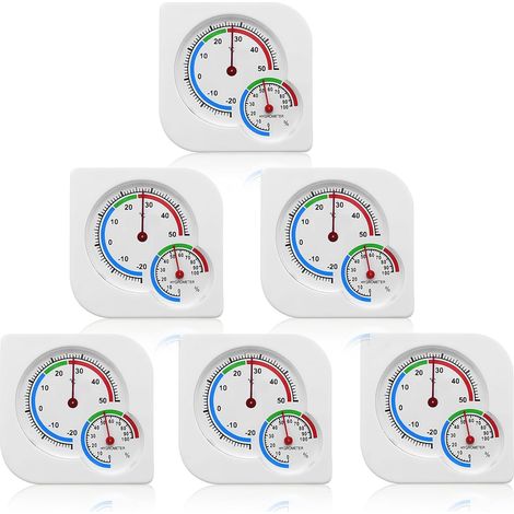 Lot de 6 thermo-hygromètres analogiques : 7,5 x 7,5 cm, thermomètre, hygromètre, 2 en 1, intérieur et extérieur, affichage analogique de la température, cadran, indicateur de température et d'humidité (1/5)