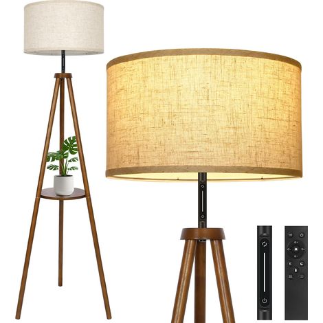 Lampadaire Trépied Dimmable, Télécommande, Tactile, Noyer 4 températures de couleur, minuterie 1H, lampe sur pied en bois, abat-jour en lin, chambre, salon (1/5)