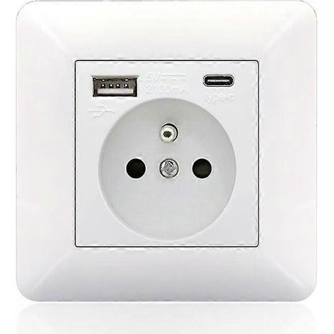 Prise encastrable Type-C et USB 16A, 2 prises de courant, 1 port USB, 1 port Type-C, conception robuste et sûre (Blanc) (1/3)